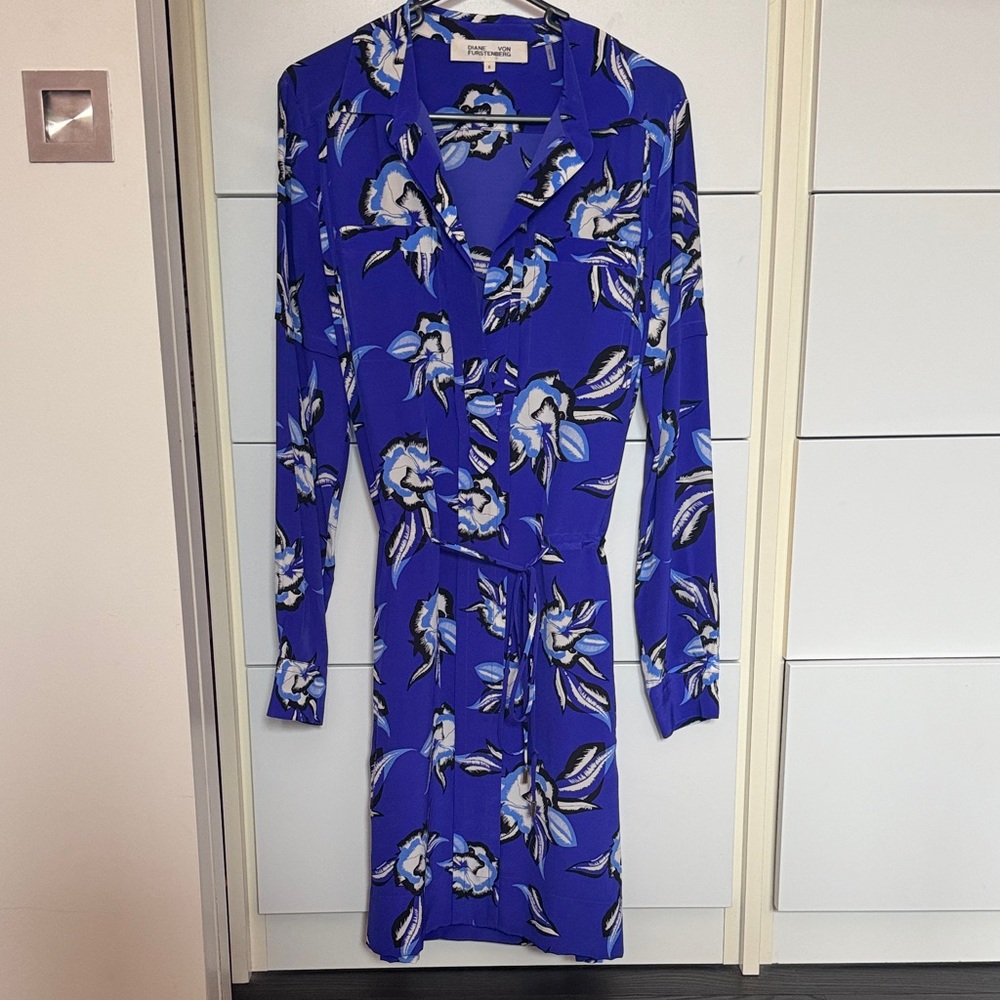 Diane Von Furstenberg Vibrant Blue Floral Long Sleeve Dress